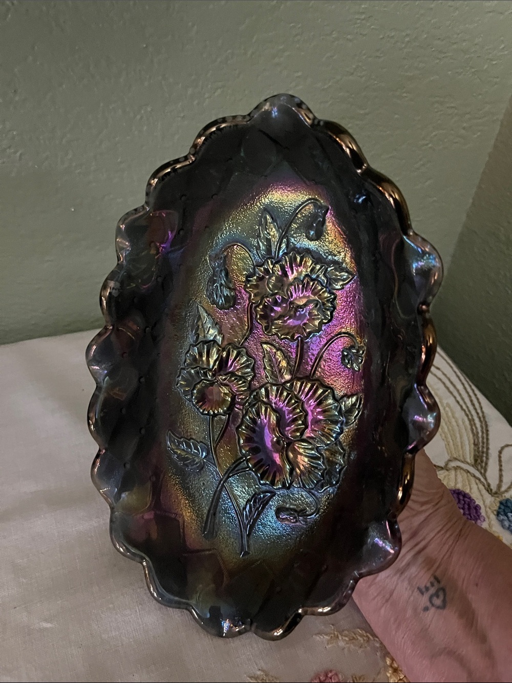 Vintage Imperial Carnival Glass Dish Amethyst “Poppy” Pattern, Quilted Diamond
